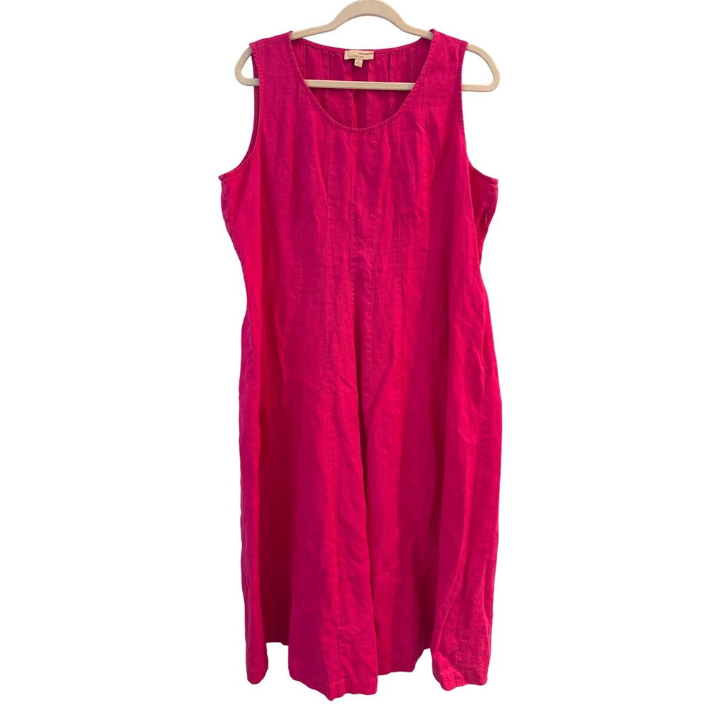 Choices Fuchsia Pink 100% Linen Pintuck Maxi Dress Womens XL Lagenlook